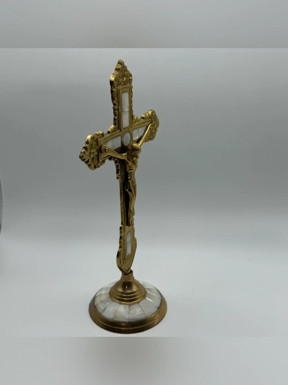 Vintage Mother of Pearl Inlay Standing Crucifix Gold Tone Altar Cross Jesus